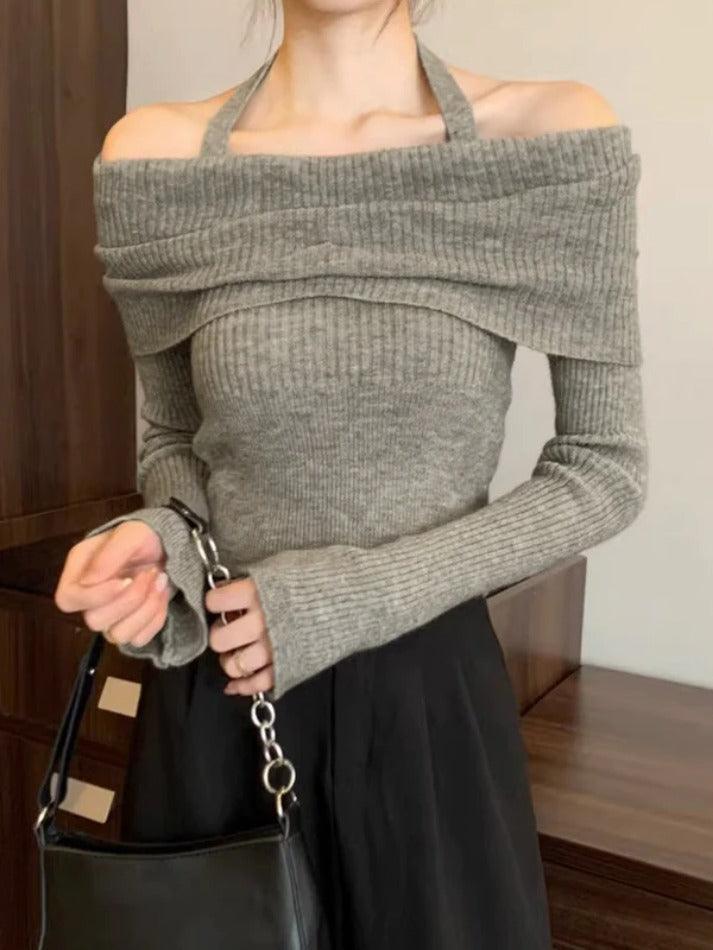 Solid Halter Ruched Cold Shoulder Sweater