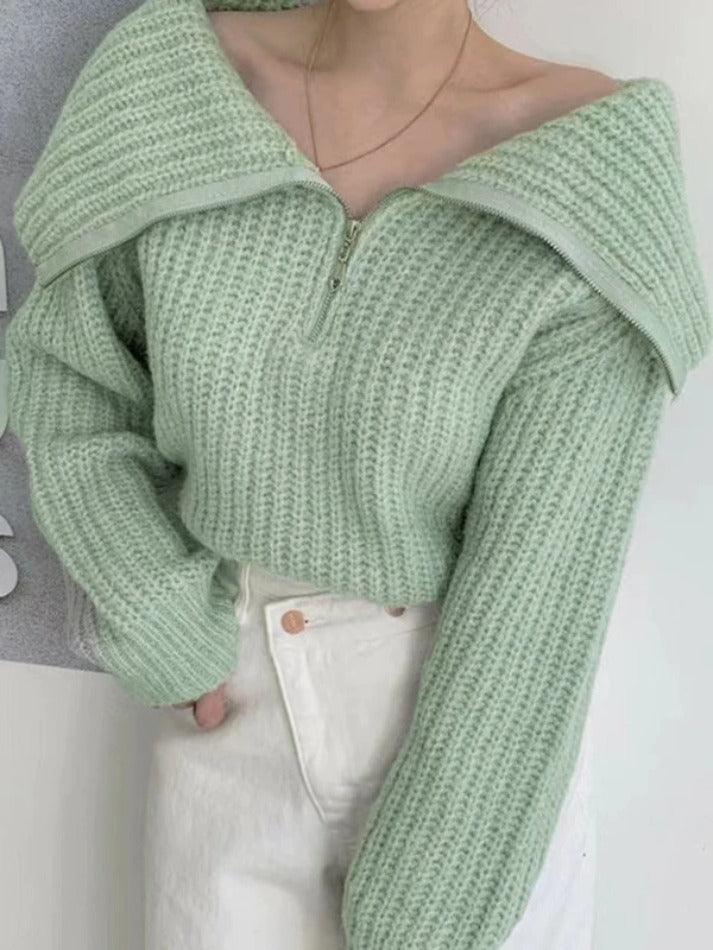 Solid Big Lapel Neck Half Zip Sweater