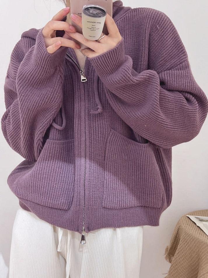 Solid Double Zip Hooded Cardigan