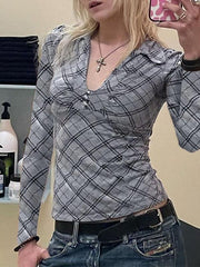 Argyle Print V Neck Diamond Button Long Sleeve Tee