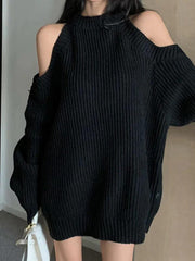 Solid Cold Shoulder Loose Ribbed Sweater