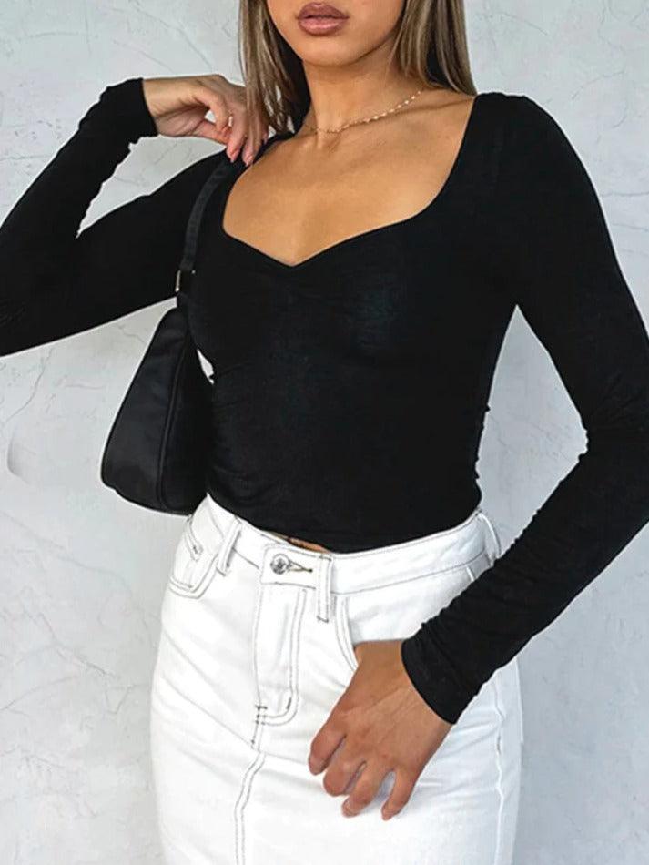 Solid Ruched Sweetheart Neck Long Sleeve Tee