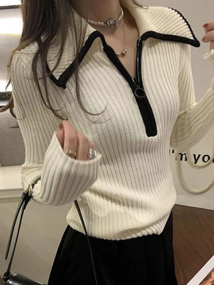Lapel Neck Half Zip Sweater