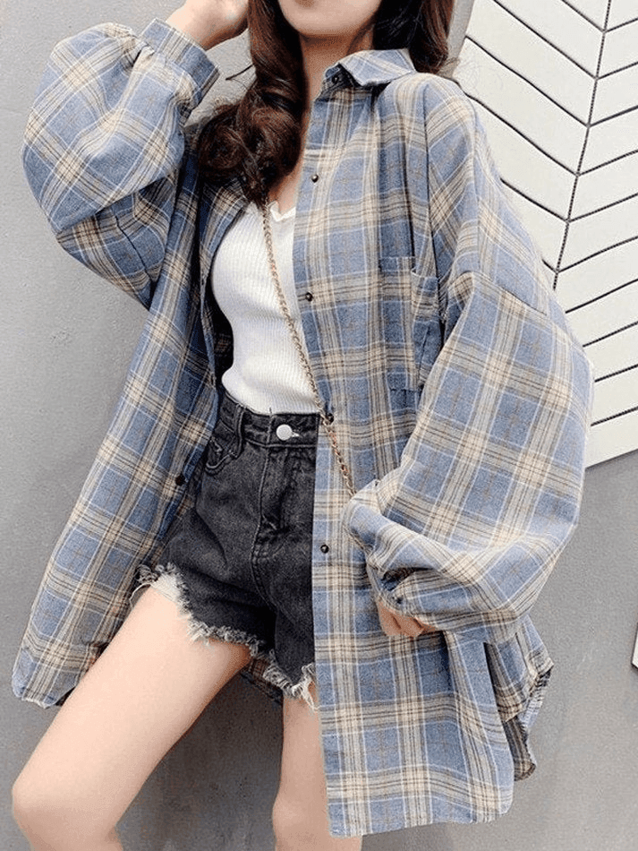 Checkered Baggy Long Sleeve Button Blouse