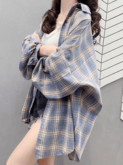 Checkered Baggy Long Sleeve Button Blouse