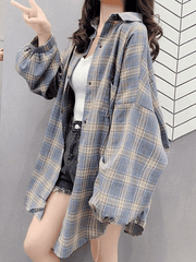 Checkered Baggy Long Sleeve Button Blouse