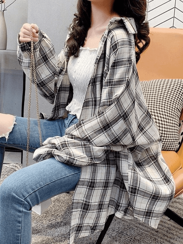 Checkered Baggy Long Sleeve Button Blouse