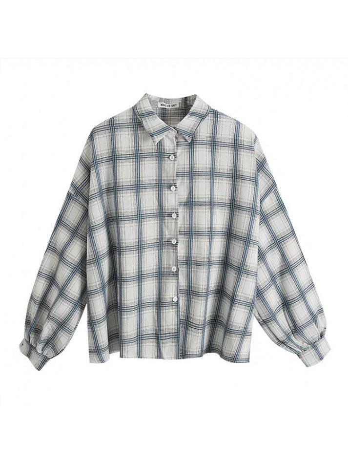 Checkered Puff Sleeve Button Blouse