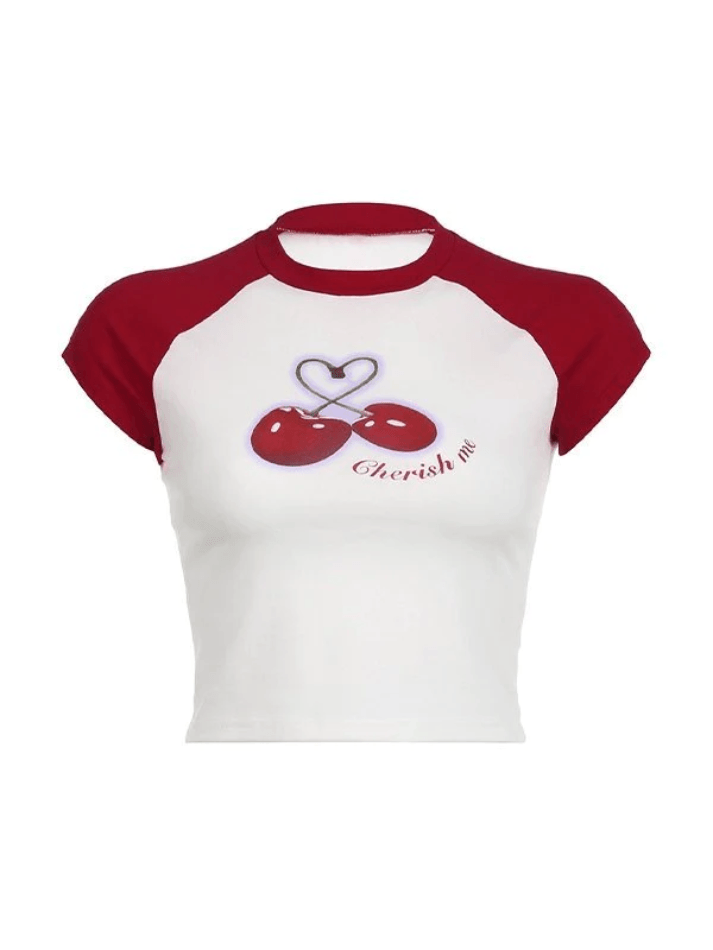 Cherry Print Raglan Short Sleeve Tee