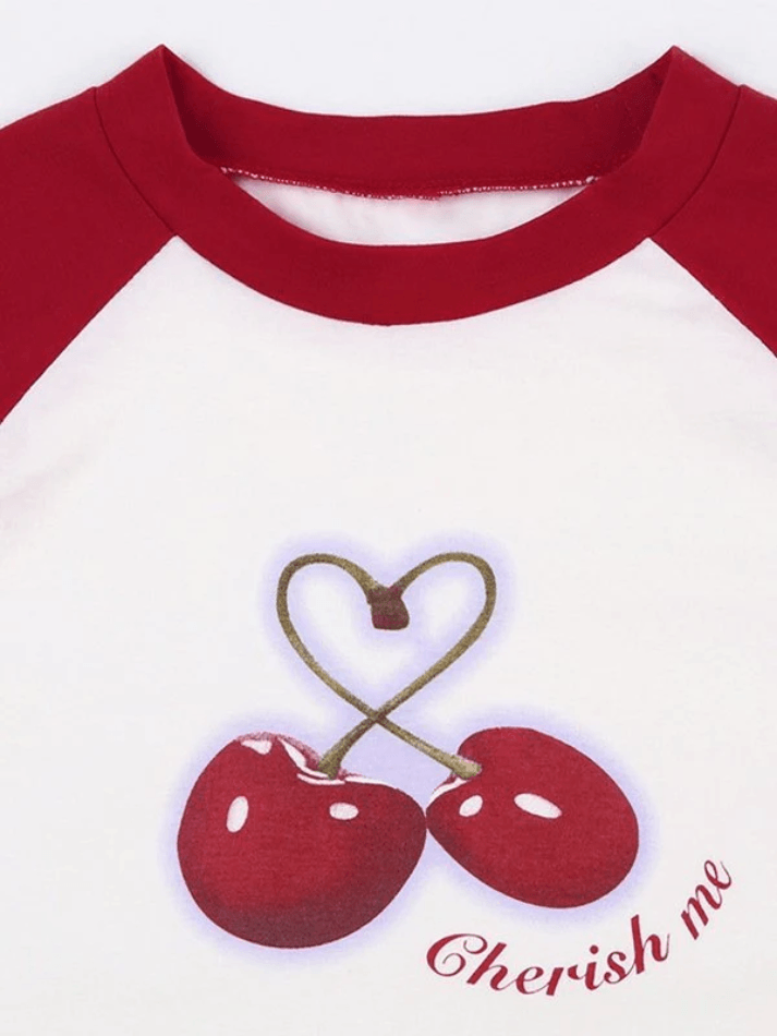 Cherry Print Raglan Short Sleeve Tee