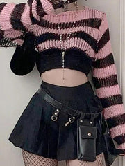 Contrast Color Stripe Ultra Short Long Sleeve Knit