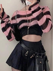 Contrast Color Stripe Ultra Short Long Sleeve Knit