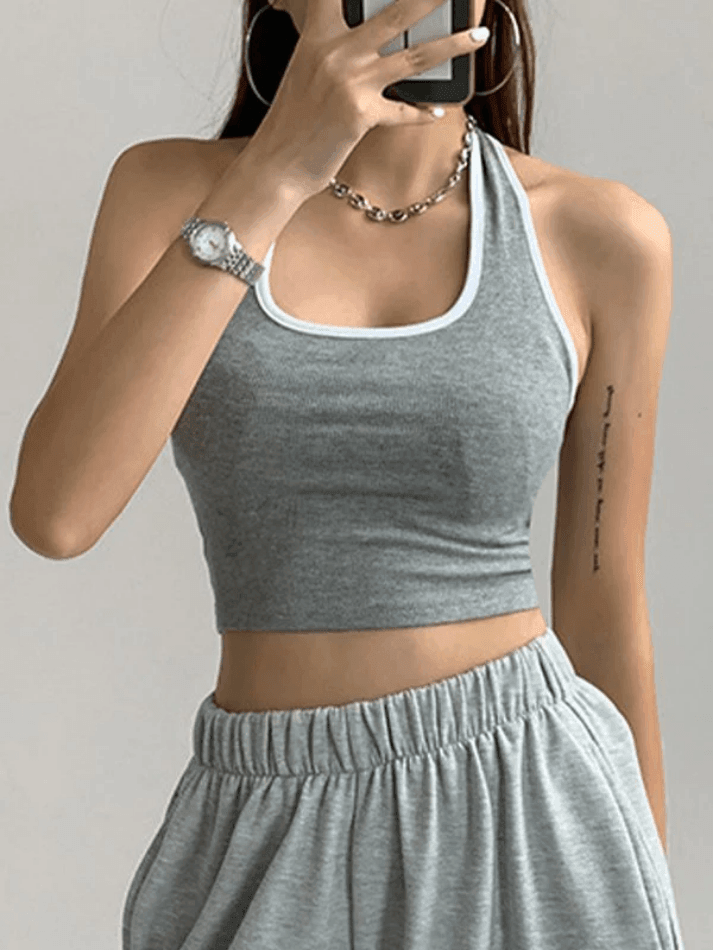 Contrast Trim Cropped Halter Tank Top