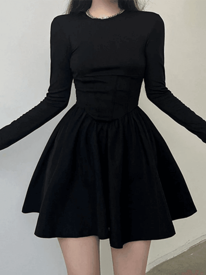 Corset Detail Black Long Sleeve Mini Dress