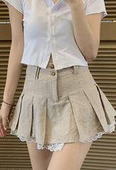 Cotton Linen Pleated Mini Skirt