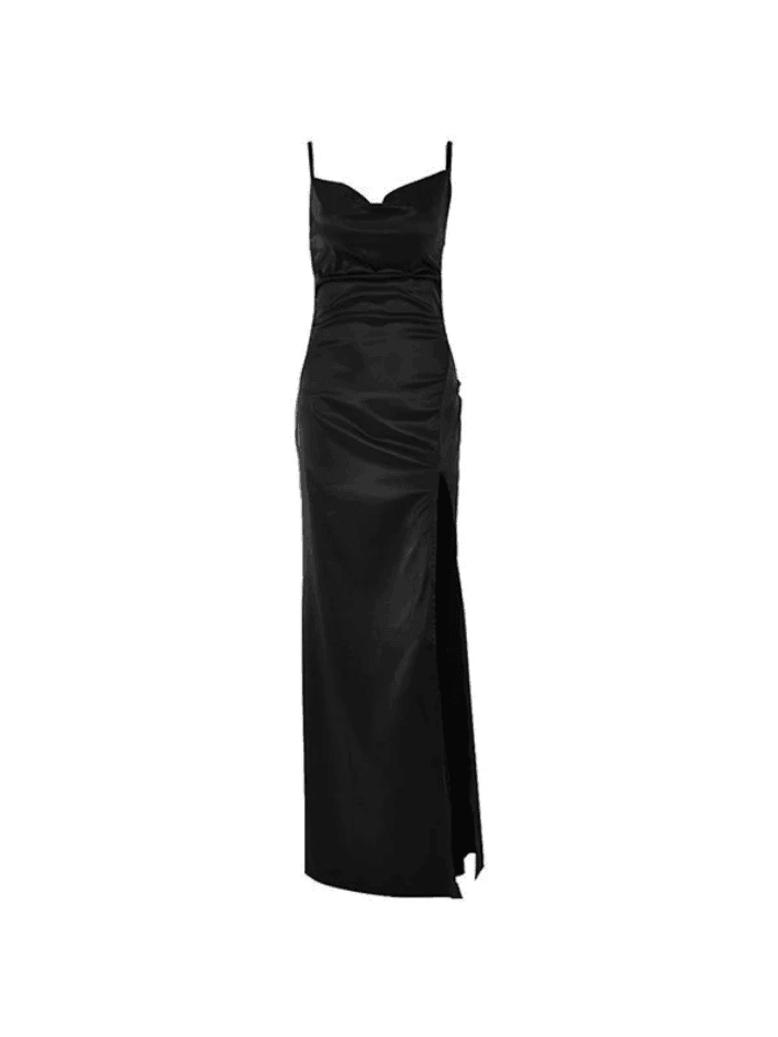 Cowl Neck Split Satin Maxi Dress