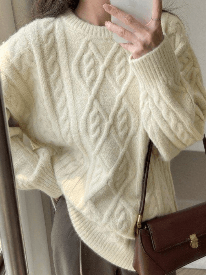 Crew Neck Cable Knit Pullover Sweater