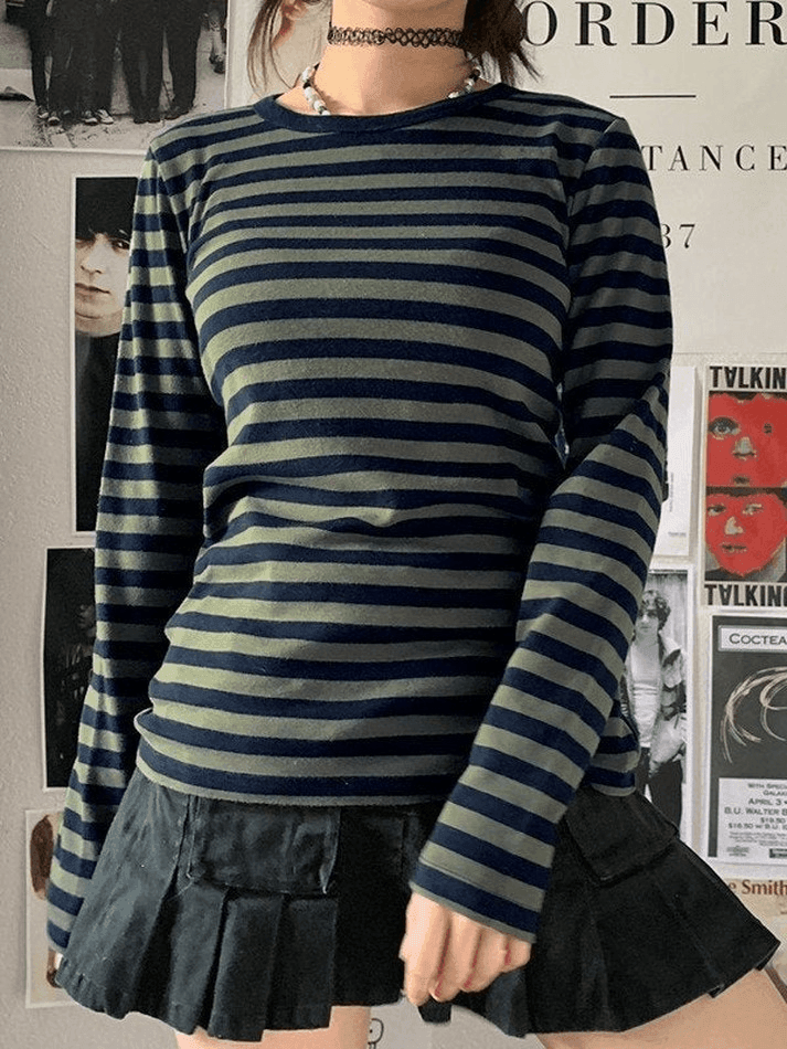 Crew Neck Striped Long Sleeve Tee