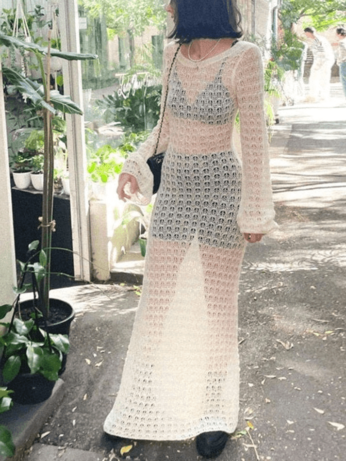 Crochet Hollow Backless Long Sleeve Cover Up Maxi Dress