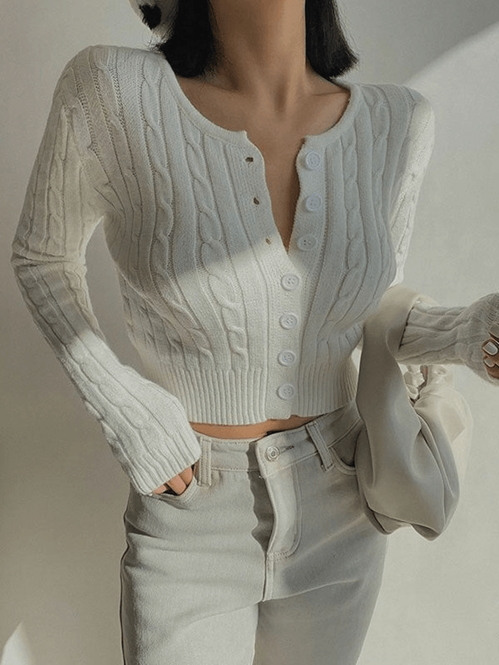 Cropped Button Cable Knit Cardigan