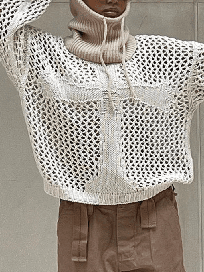 Cross Pattern Crochet Hollow Long Sleeve Knit Top