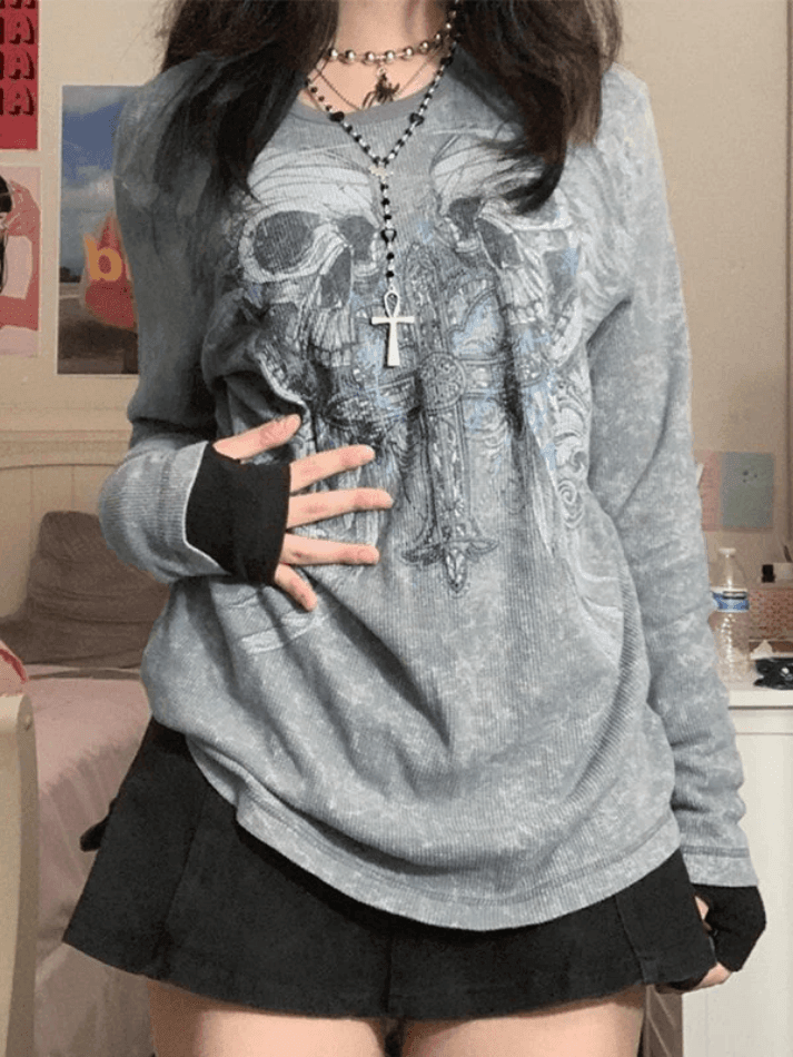 Cross Skull Printed Long Sleeve Top