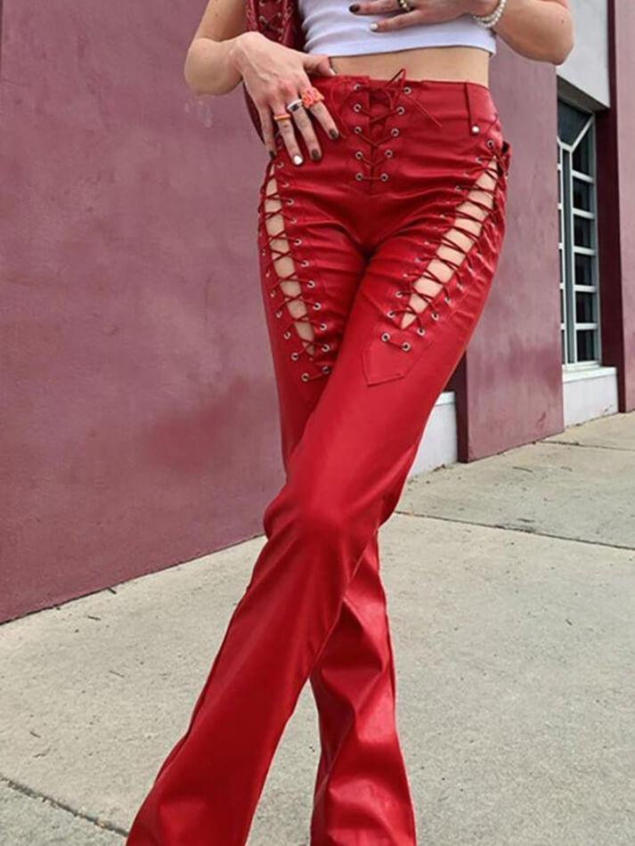 Cut-out Lace Up Pu Leather Pants