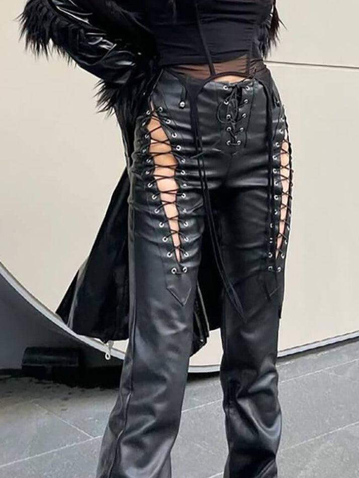 Cut-out Lace Up Pu Leather Pants