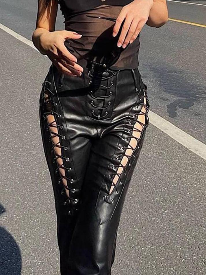 Cut-out Lace Up Pu Leather Pants