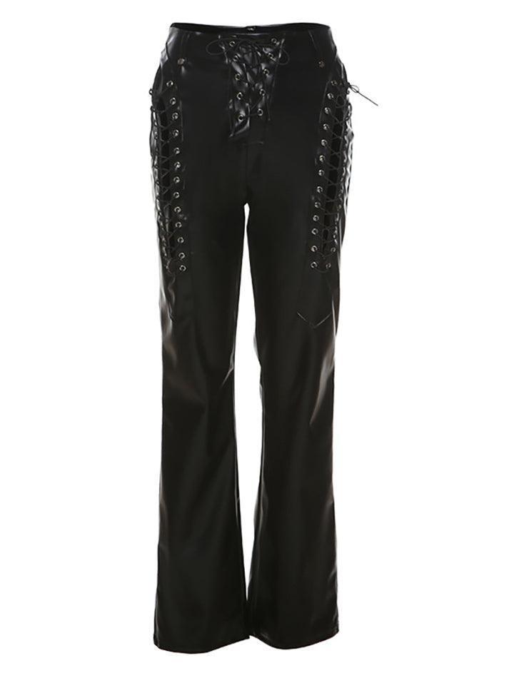 Cut-out Lace Up Pu Leather Pants