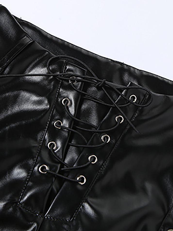 Cut-out Lace Up Pu Leather Pants