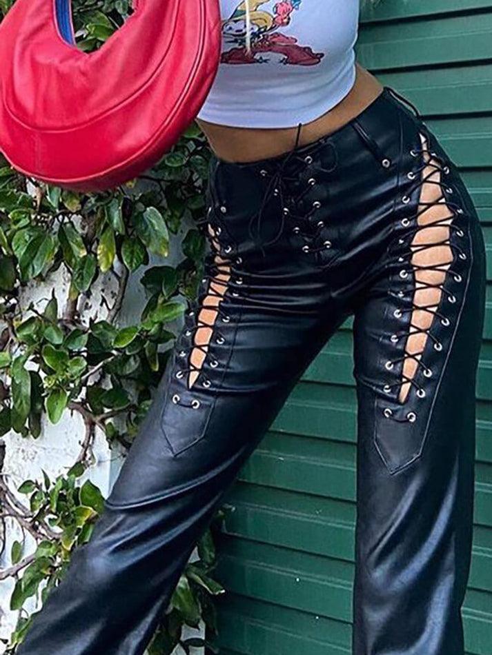 Cut-out Lace Up Pu Leather Pants