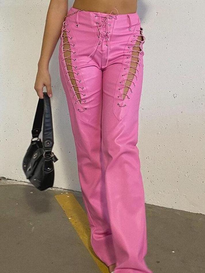 Cut-out Lace Up Pu Leather Pants