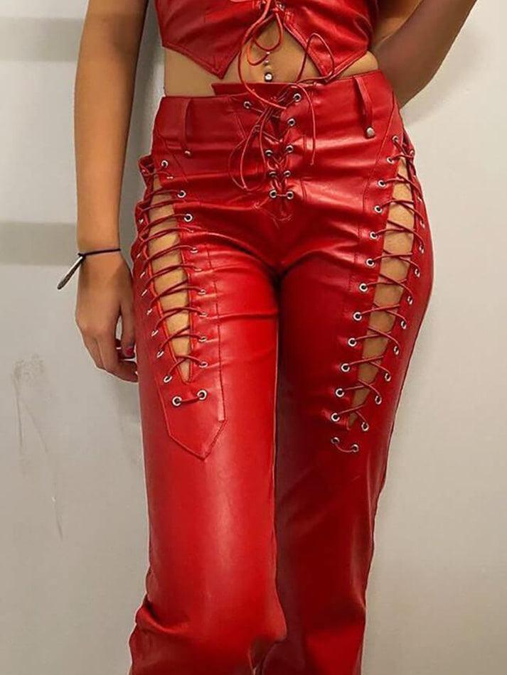 Cut-out Lace Up Pu Leather Pants