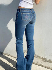 Multi Pocket Rhinestone Elastic Slim Jeans