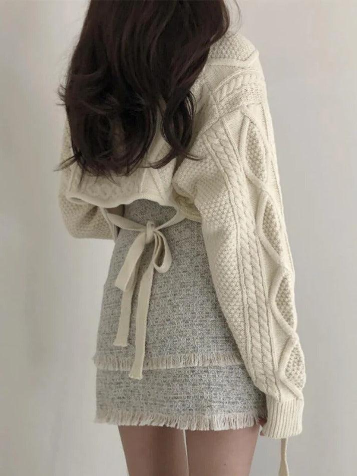 Solid V Neck Tie Back Loose Sweater