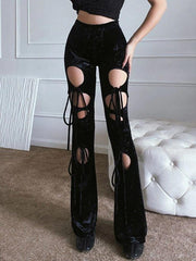 Lace Up Cutout Velvet Flare Leg Pants