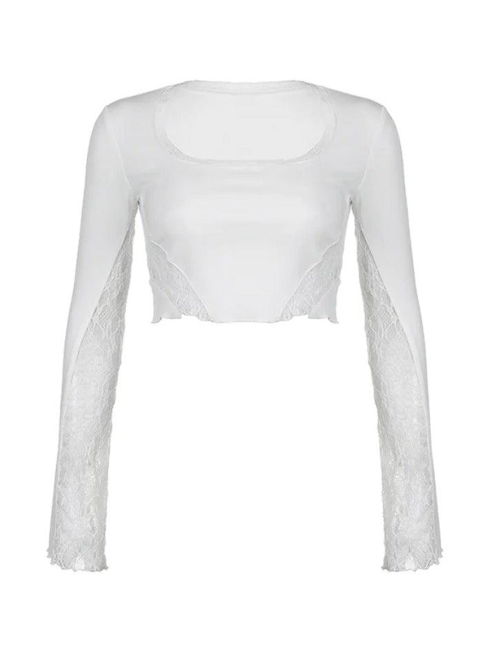 Lace Splice U Neck Cropped Long Sleeve Tee