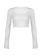 Lace Splice U Neck Cropped Long Sleeve Tee