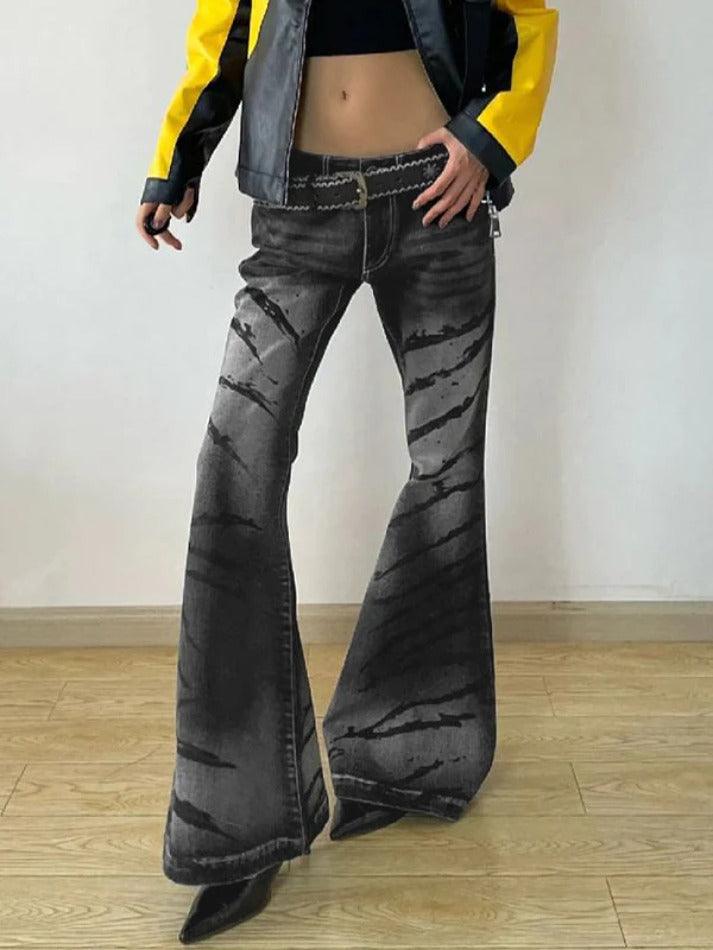 Punk Crackle Print Low Rise Flare Jeans