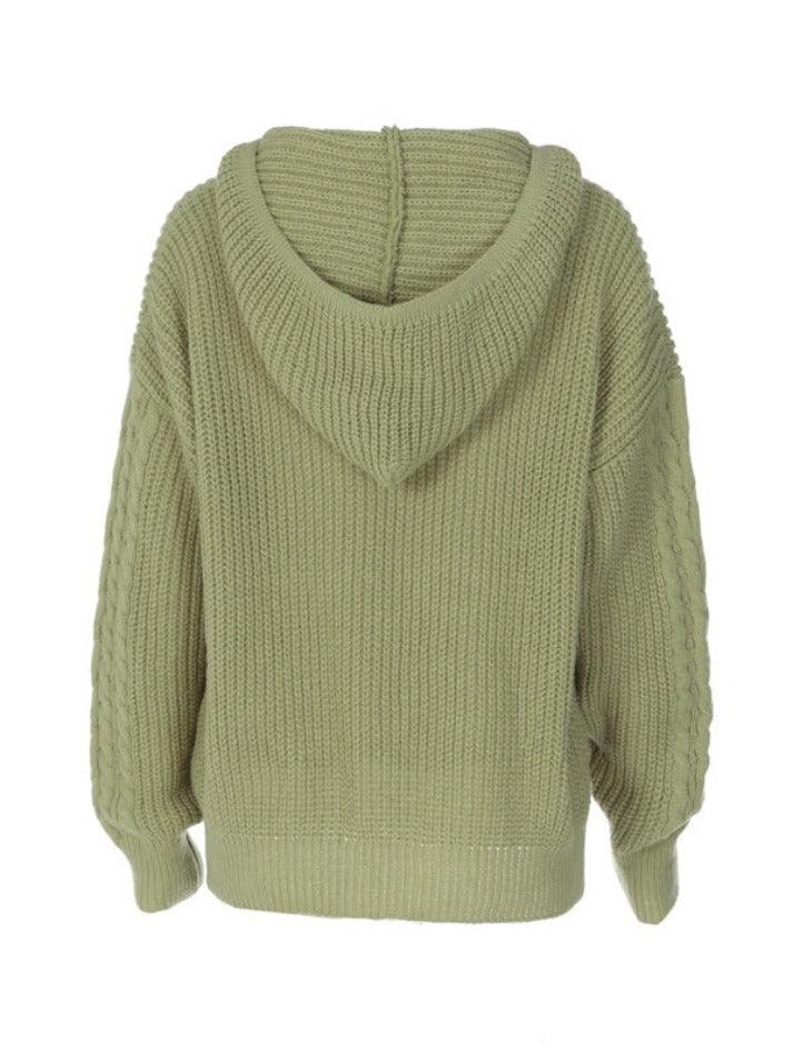 Solid Color Hooded Cable Knit Sweater