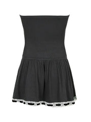 Off Shoulder Ribbon Trim Lace Up Slim Mini Dress