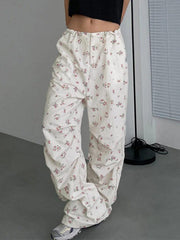 Low Waist Drawstring Disty Floral Print Wide Leg Pants