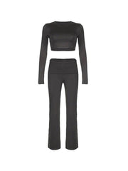 Solid Cropped Slim Long Sleeve Tee & Flared Sweatpants Set