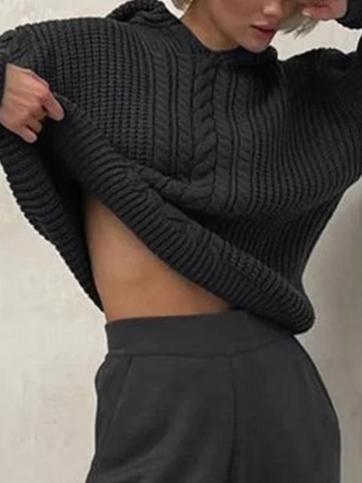 Solid Color Hooded Cable Knit Sweater