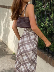 Plaid Print V Neck Midi Dress