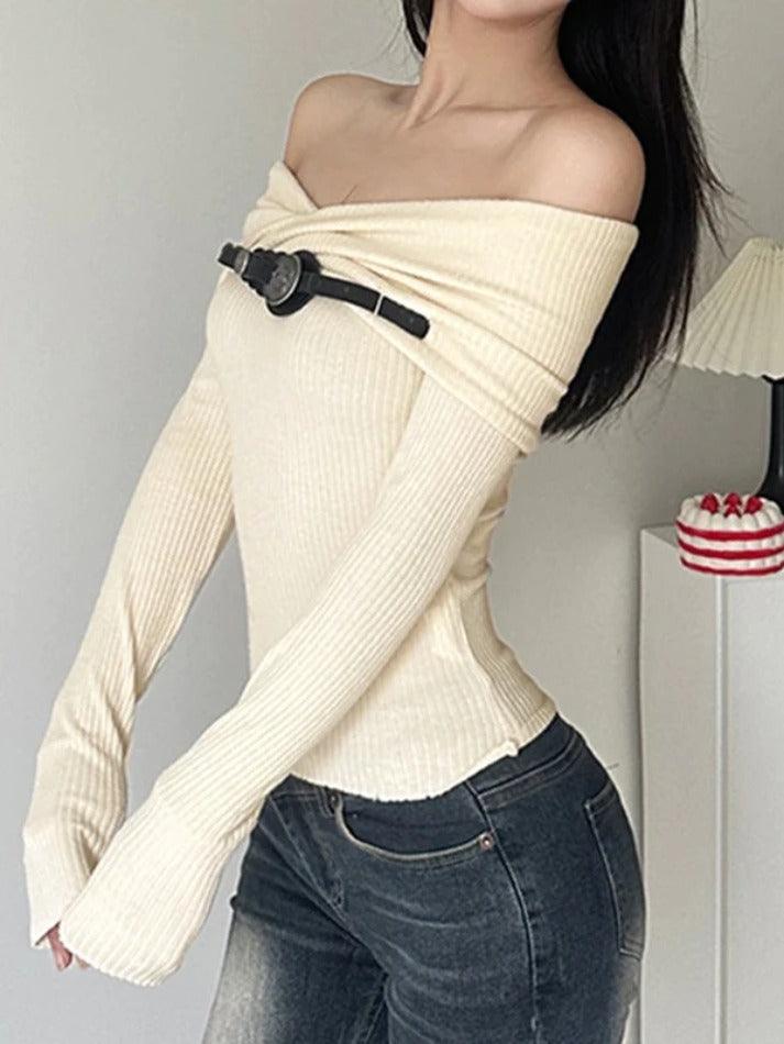 Crossover Off Shoulder Belted Long Sleeve Knit