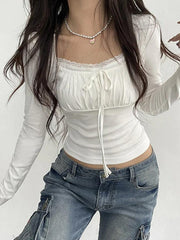 Lace Trim Shirred Lace Up Long Sleeve Tee