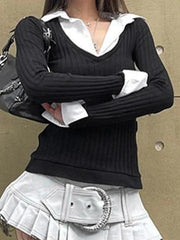 Polo Neck Splice Fake Two Piece Long Sleeve Knit