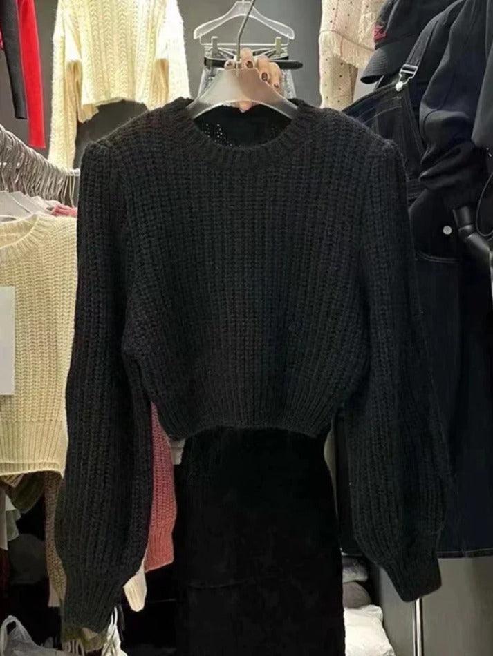 Solid Lantern Sleeve Short Knit Sweater